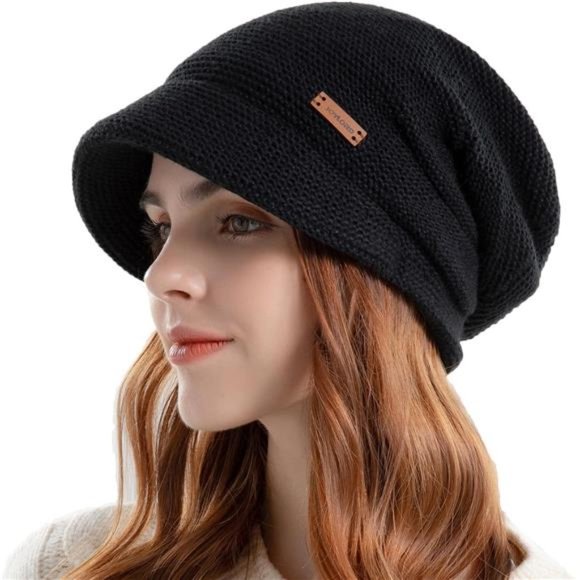 Women\'s Winter Beanie Hat, Fleece Lining  Knitted Slouchy Cap with Visor, Black